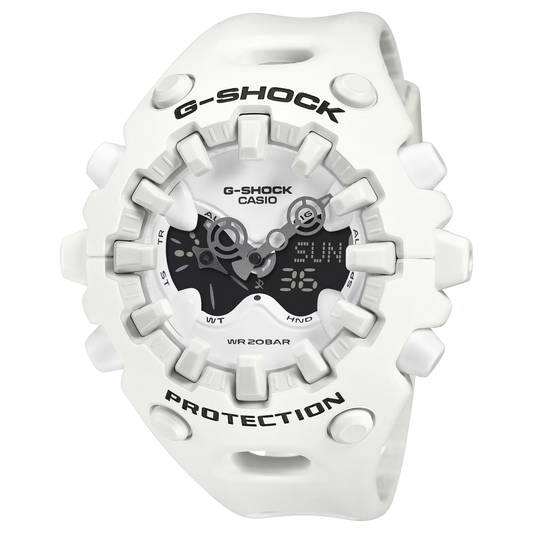 G-SHOCK GAV01-7A white resin watch featuring a full-screen LCD, metallic open-work dial, large dimensional shock-absorbing indexes, magnetic Shock Release Hand structure, double LED Super Illuminator, and modern sculpted case design with 200-meter water resistance.