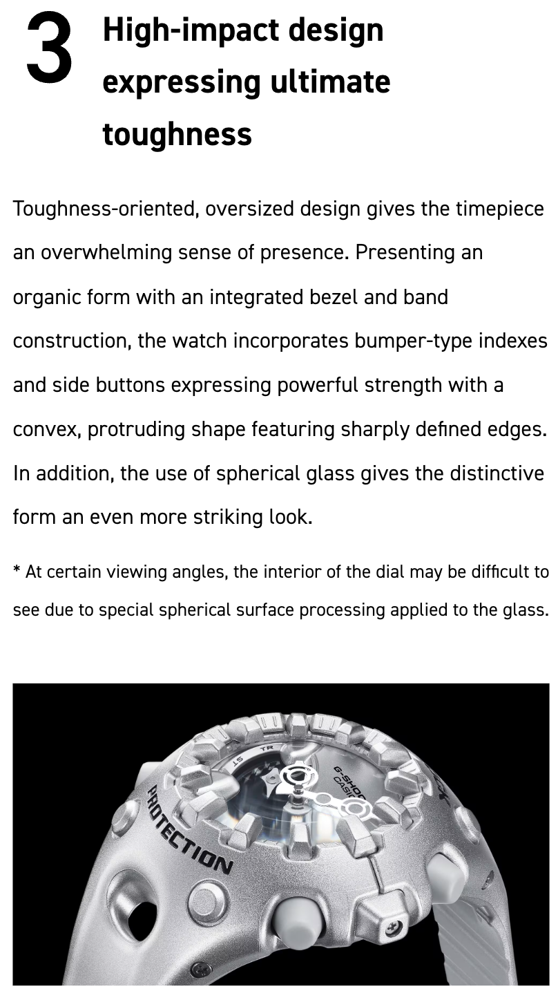 Text description of a tough design watch with a close-up of the watch face.