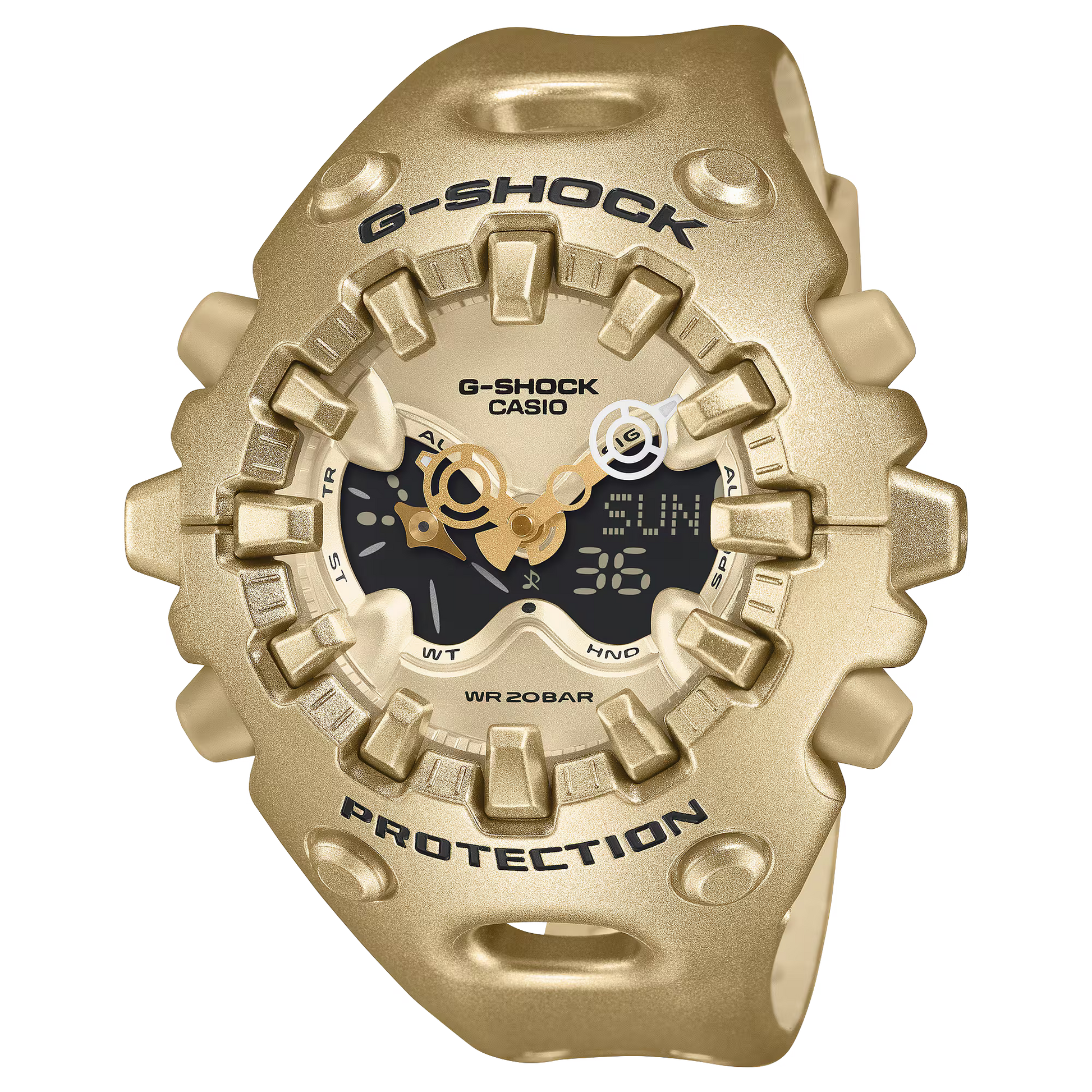 G-SHOCK GAV01A-9A gold-tone resin watch featuring sculpted futuristic case design, layered analog-digital open-work dial, full-screen LCD, magnetic Shock Release Hand structure, double LED Super Illuminator, and 200-meter water resistance.