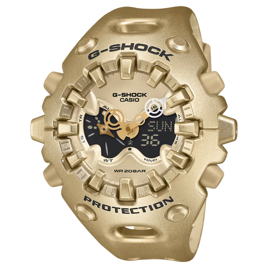 G-SHOCK GAV01A-9A gold-tone resin watch featuring sculpted futuristic case design, layered analog-digital open-work dial, full-screen LCD, magnetic Shock Release Hand structure, double LED Super Illuminator, and 200-meter water resistance.