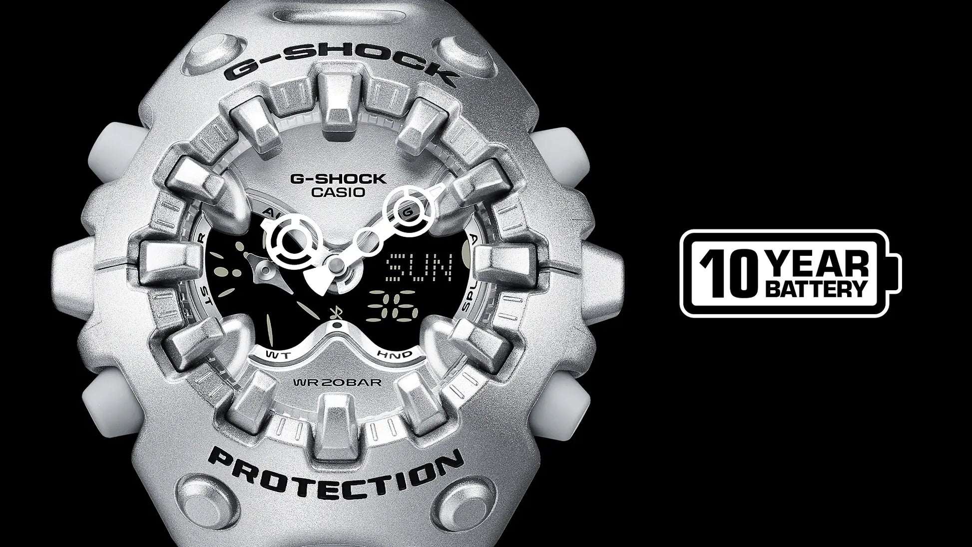 G-Shock Casio watch with a black background and '10 Year Battery' label.
