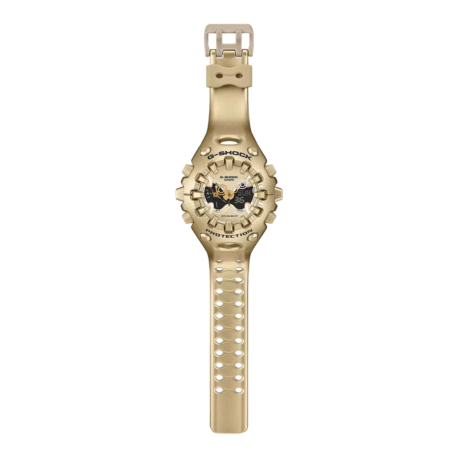 Beige Casio G-Shock watch with detailed face on a white background