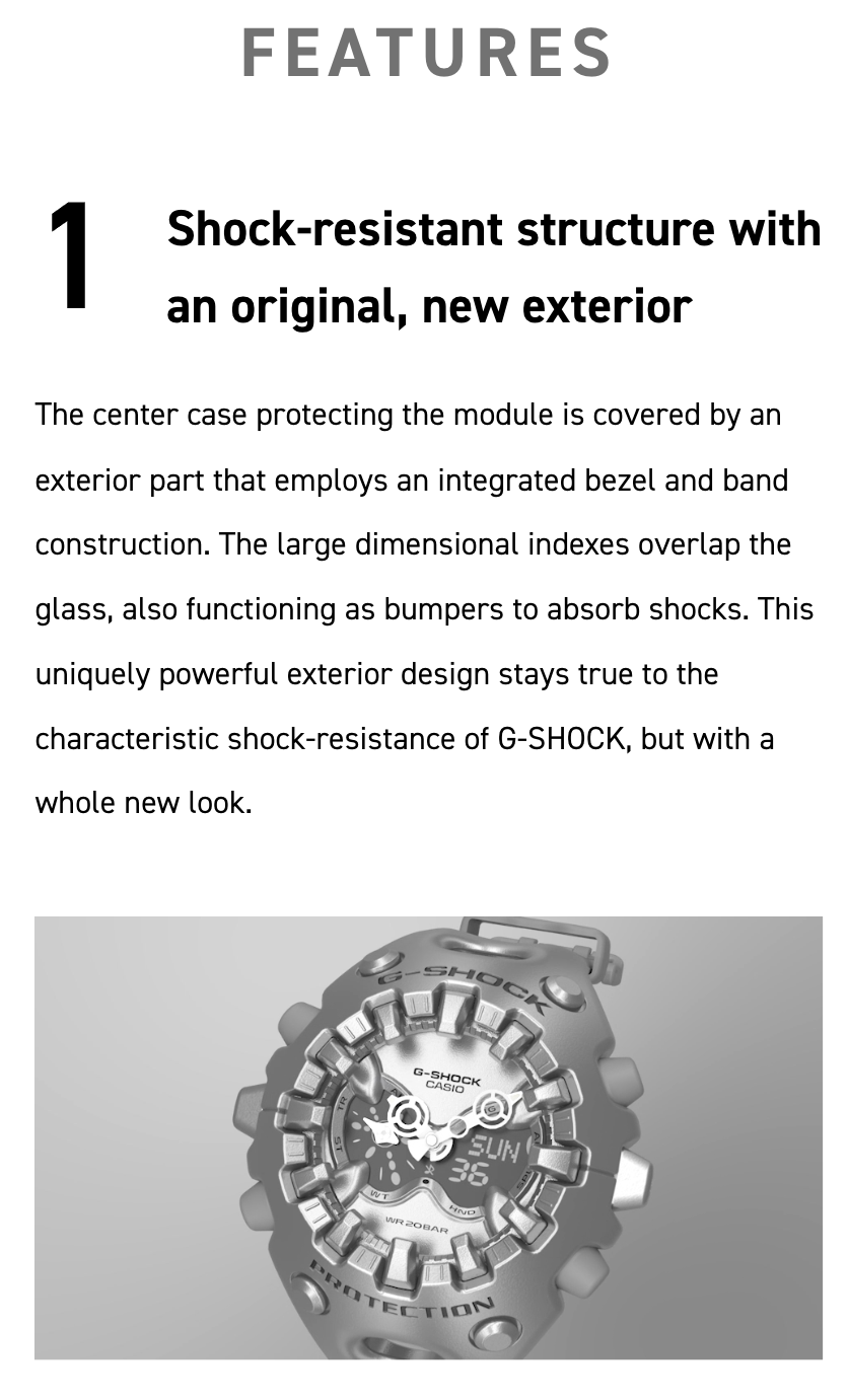 G-SHOCK watch with text describing shock-resistant structure and new exterior design