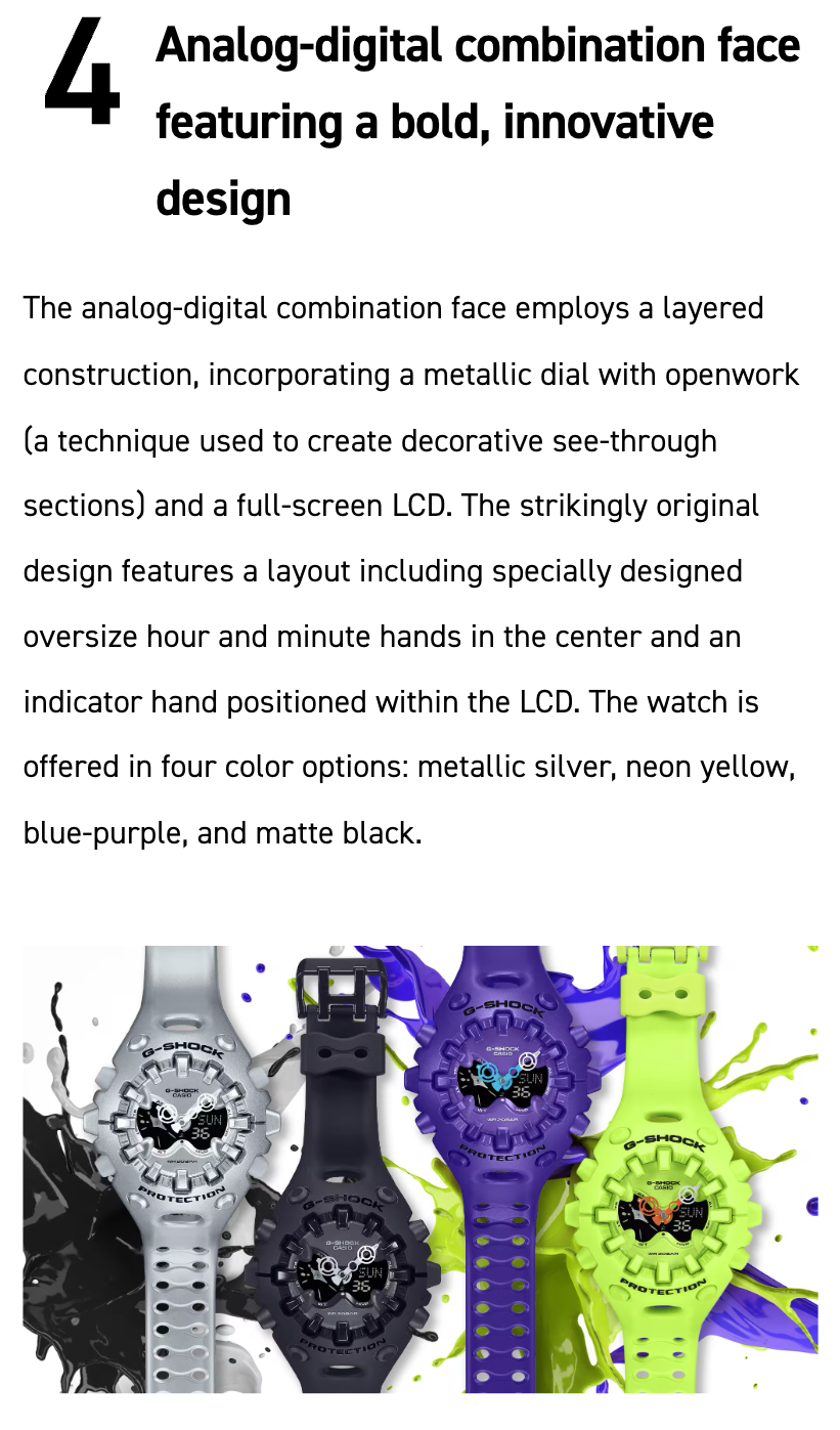 Text description of an analog-digital watch with color options and design features.