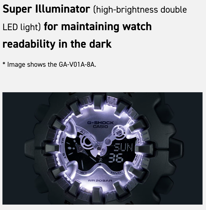 G-Shock Casio watch with Super Illuminator feature on a dark background