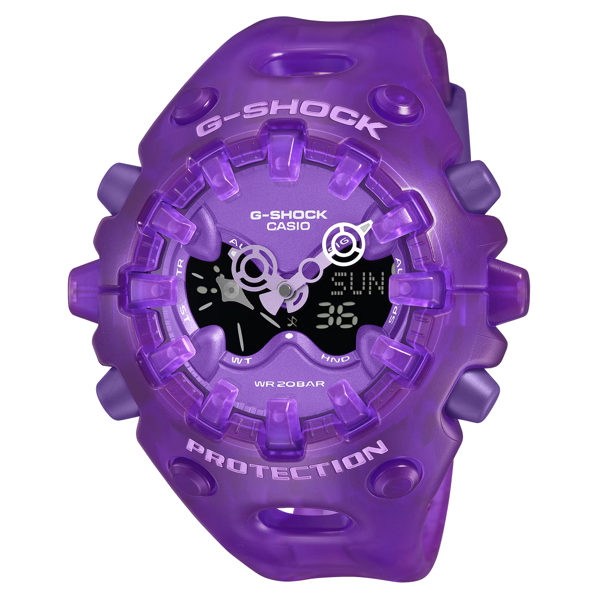 G-SHOCK GAV01SKE-6A purple translucent GA-V01 analog-digital watch close-up with full-screen LCD, dimensional indexes, Shock Release Hand, and 200m water resistance.