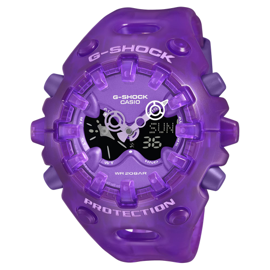 G-SHOCK GAV01SKE-6A purple translucent GA-V01 analog-digital watch close-up with full-screen LCD, dimensional indexes, Shock Release Hand, and 200m water resistance.