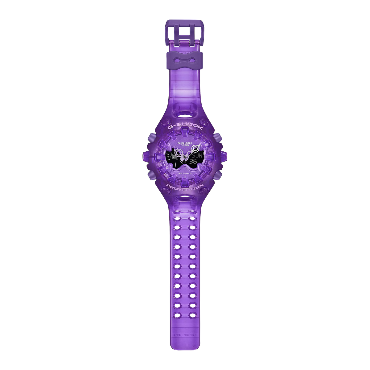 G-SHOCK GAV01SKE-6A full front view with translucent purple resin case and band, layered analog-digital dial, full-screen LCD, and bold GA-V01 design.