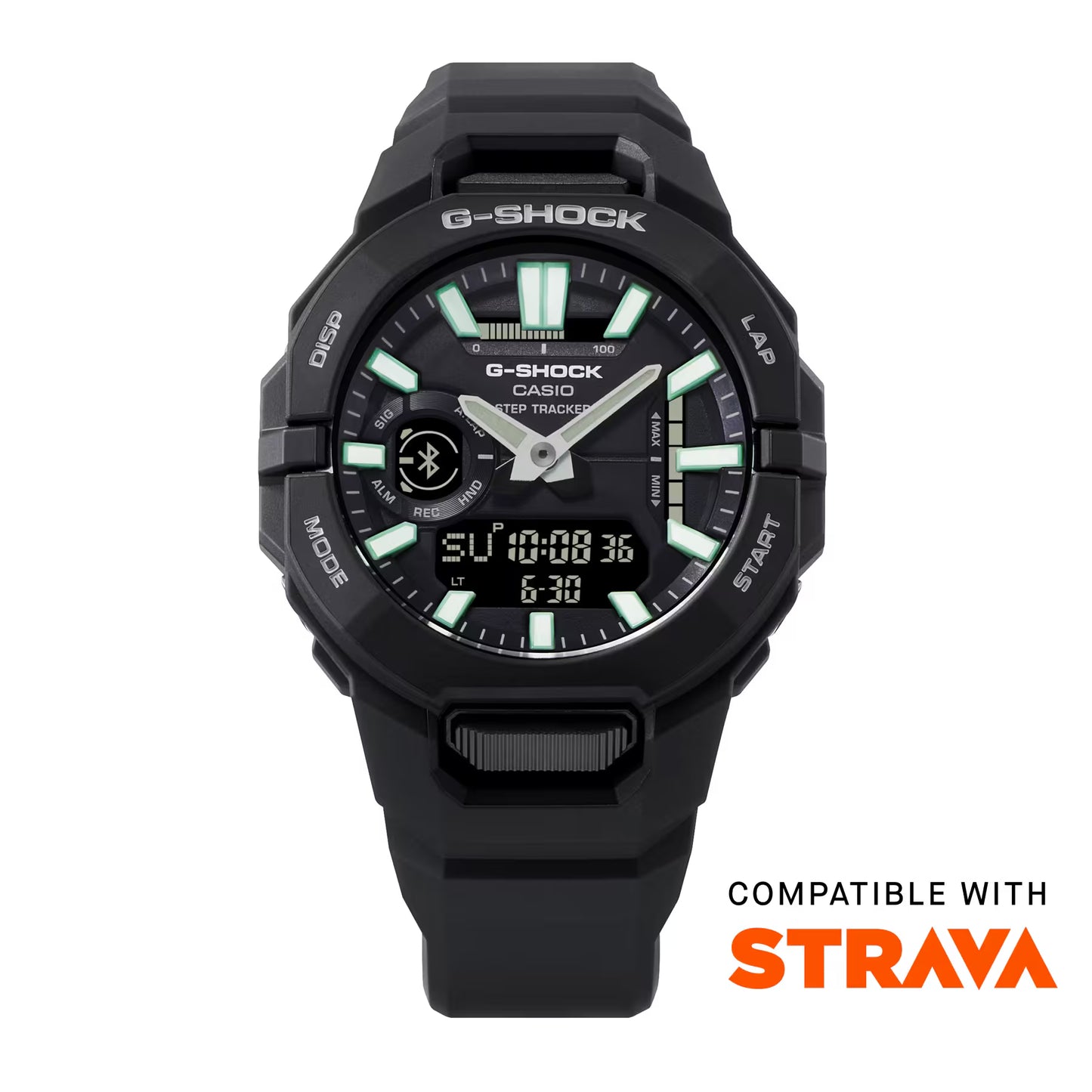 Black G-Shock watch with digital display on a white background, compatible with Strava.