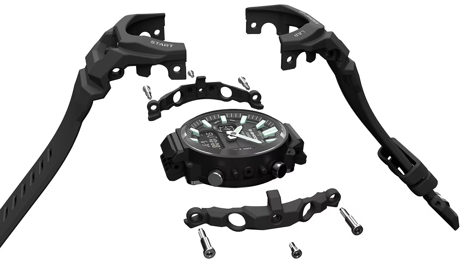 Black mechanical watch components on a white background