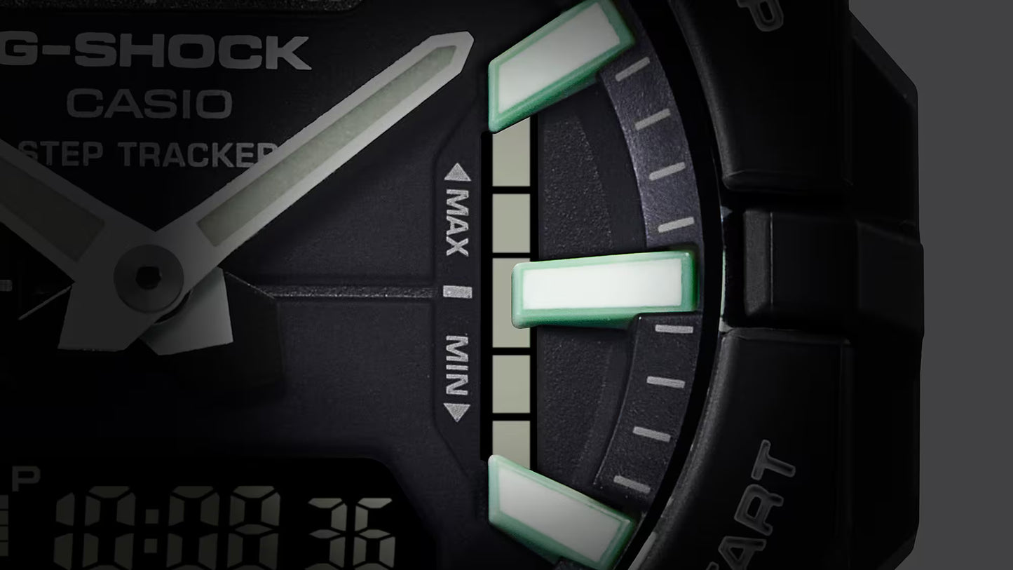 Close-up of Casio G-Shock watch face with step tracker features.