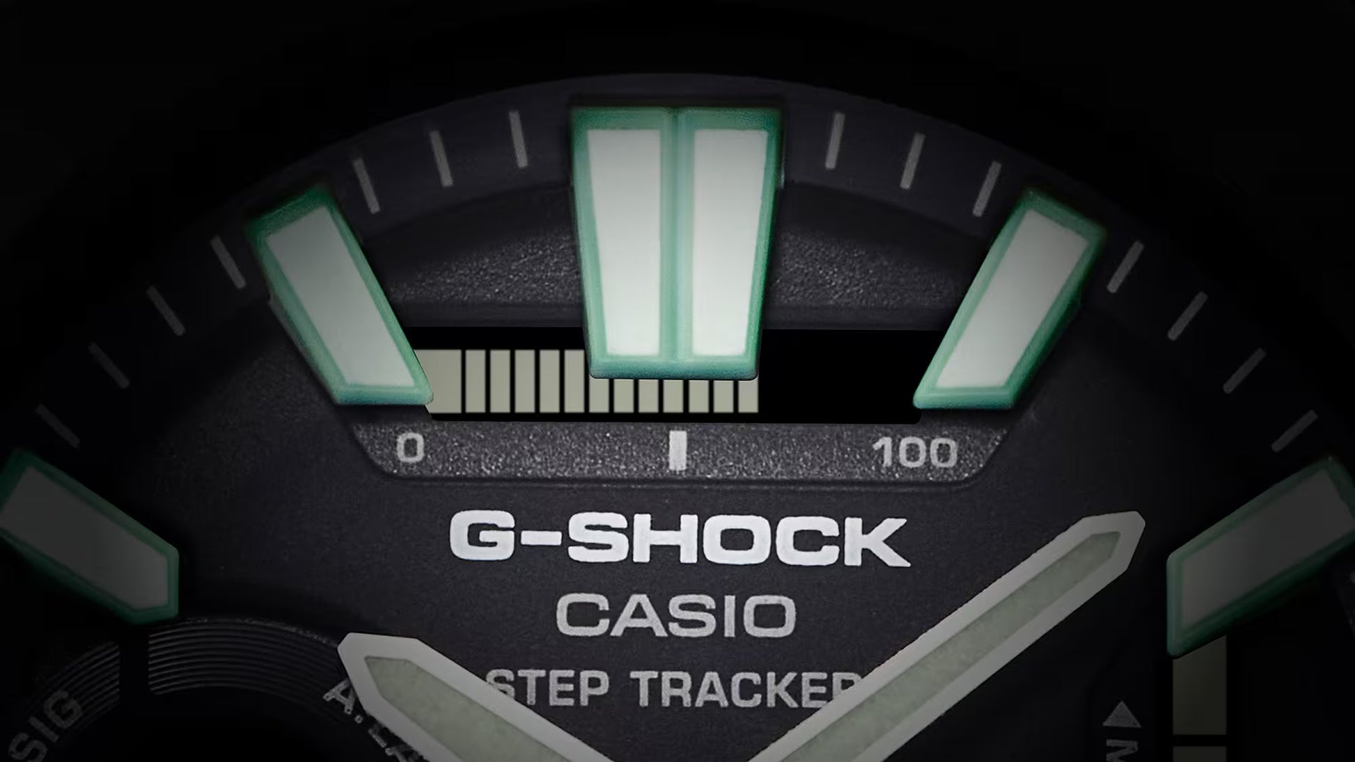 G-Shock Casio step tracker with green accents on a dark background