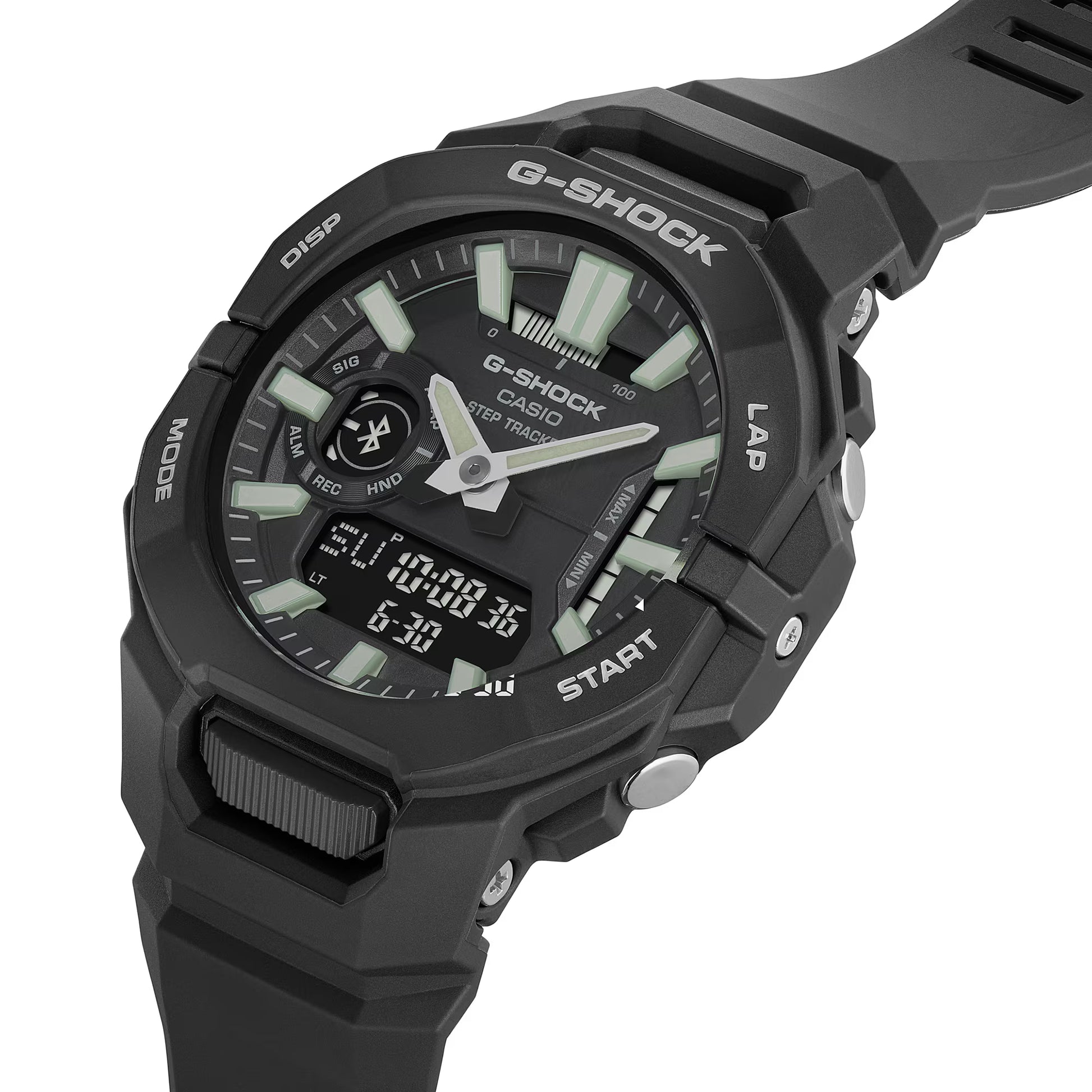 Black G-Shock watch with digital and analog display on a white background