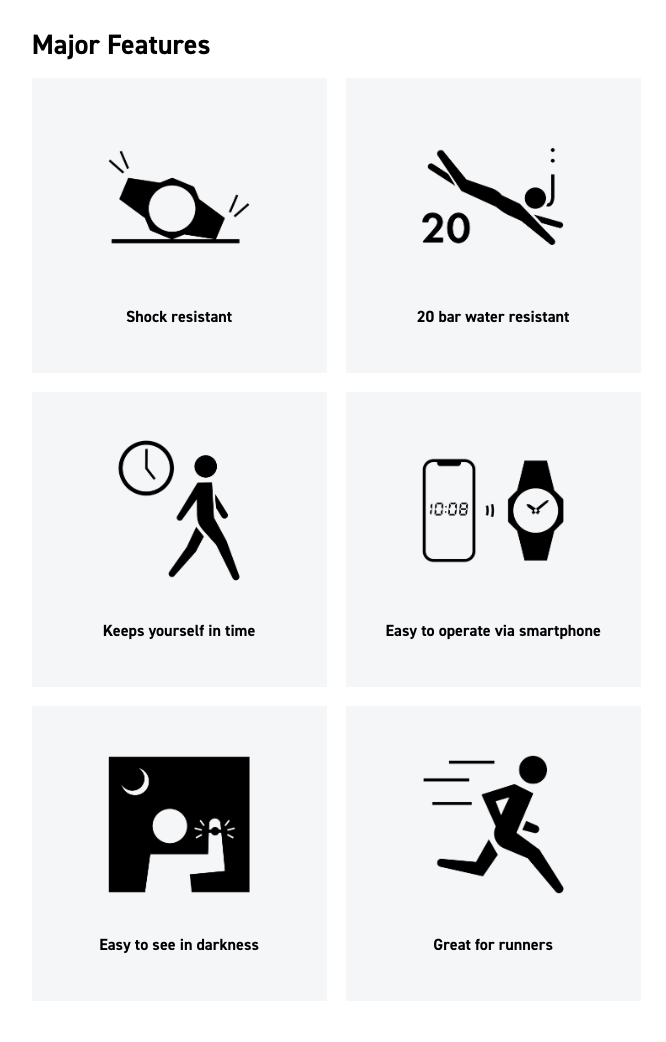 Set of icons and text describing features of a device on a white background