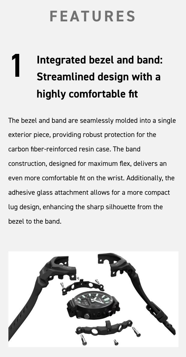 Text description of integrated bezel and band features with a black and white image of a watch component.
