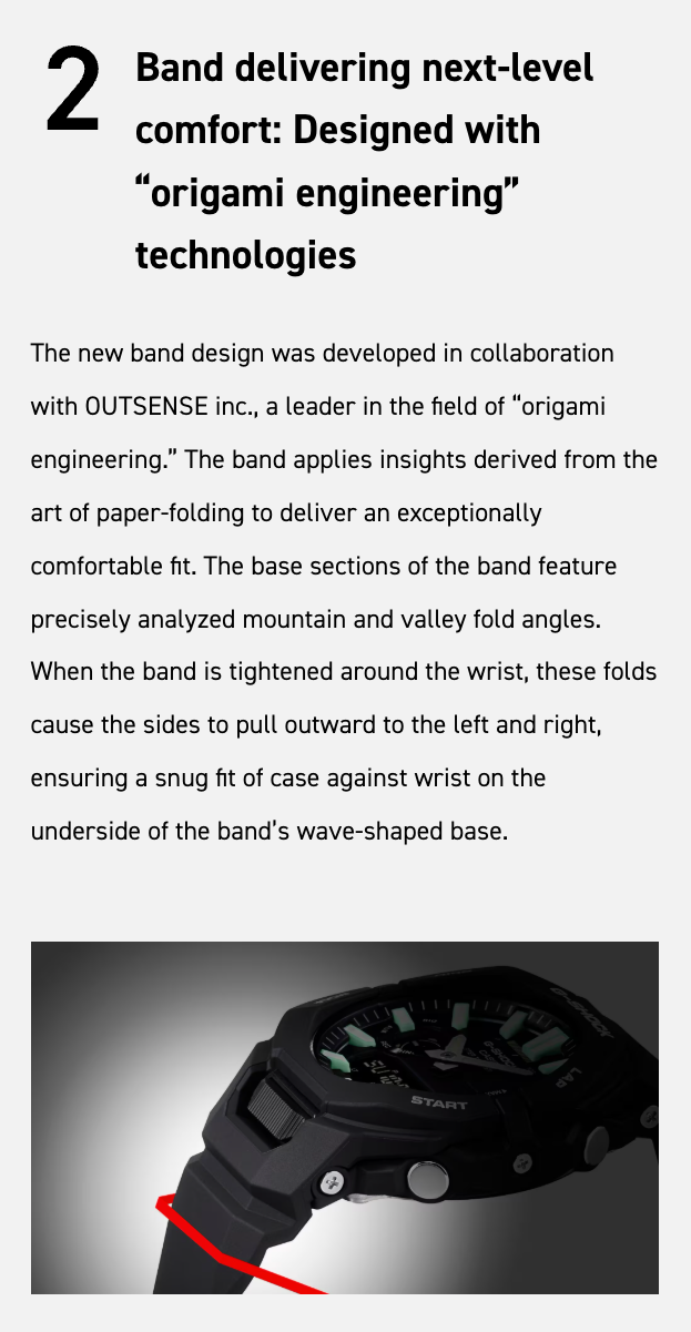 Text describing a band with origami engineering technology and a Casio watch on a white background.
