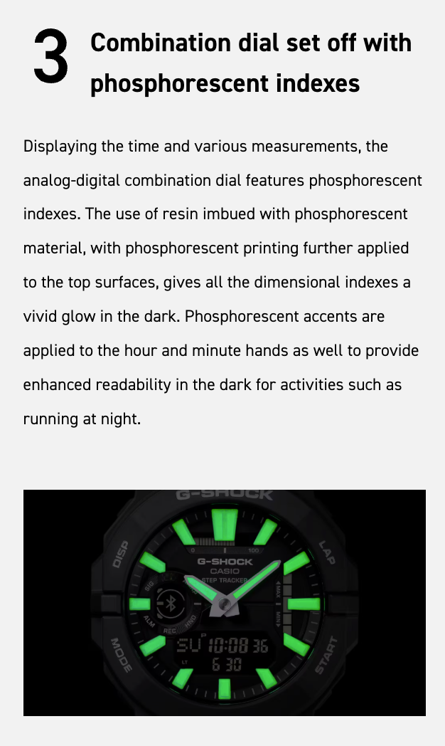 G-Shock watch with green phosphorescent indexes on a black background