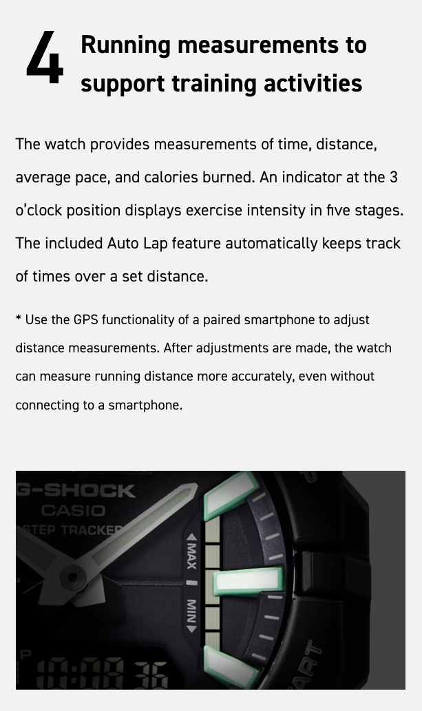 Text description of a Casio G-Shock step tracker watch with features highlighted.