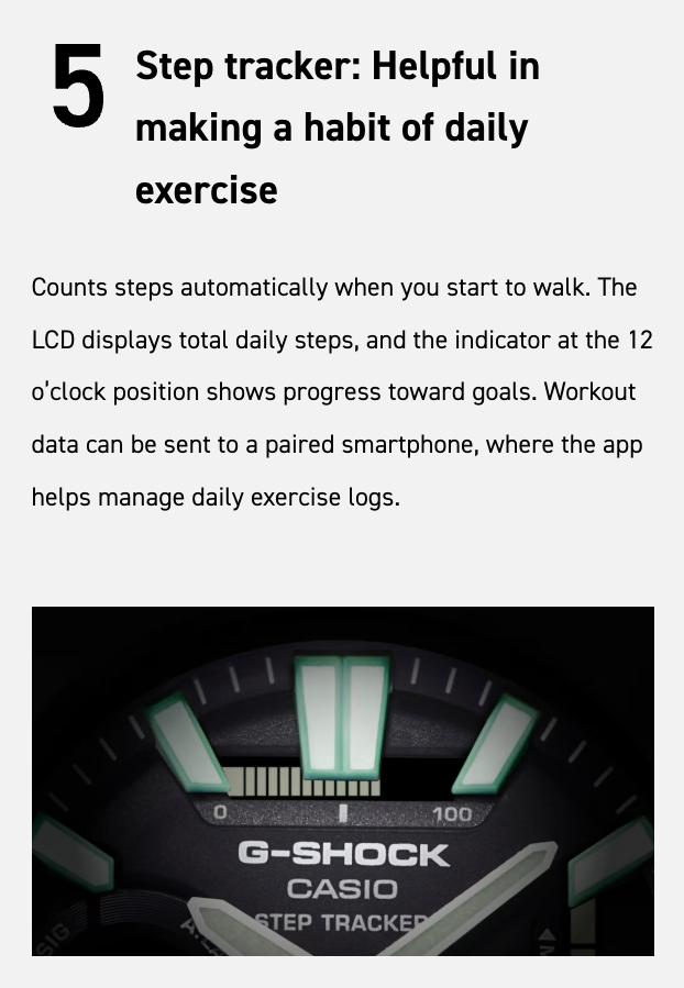 Casio G-Shock step tracker with text about its functionality