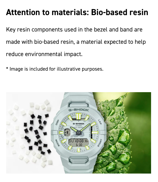 G-Shock watch with bio-based resin components on a white background