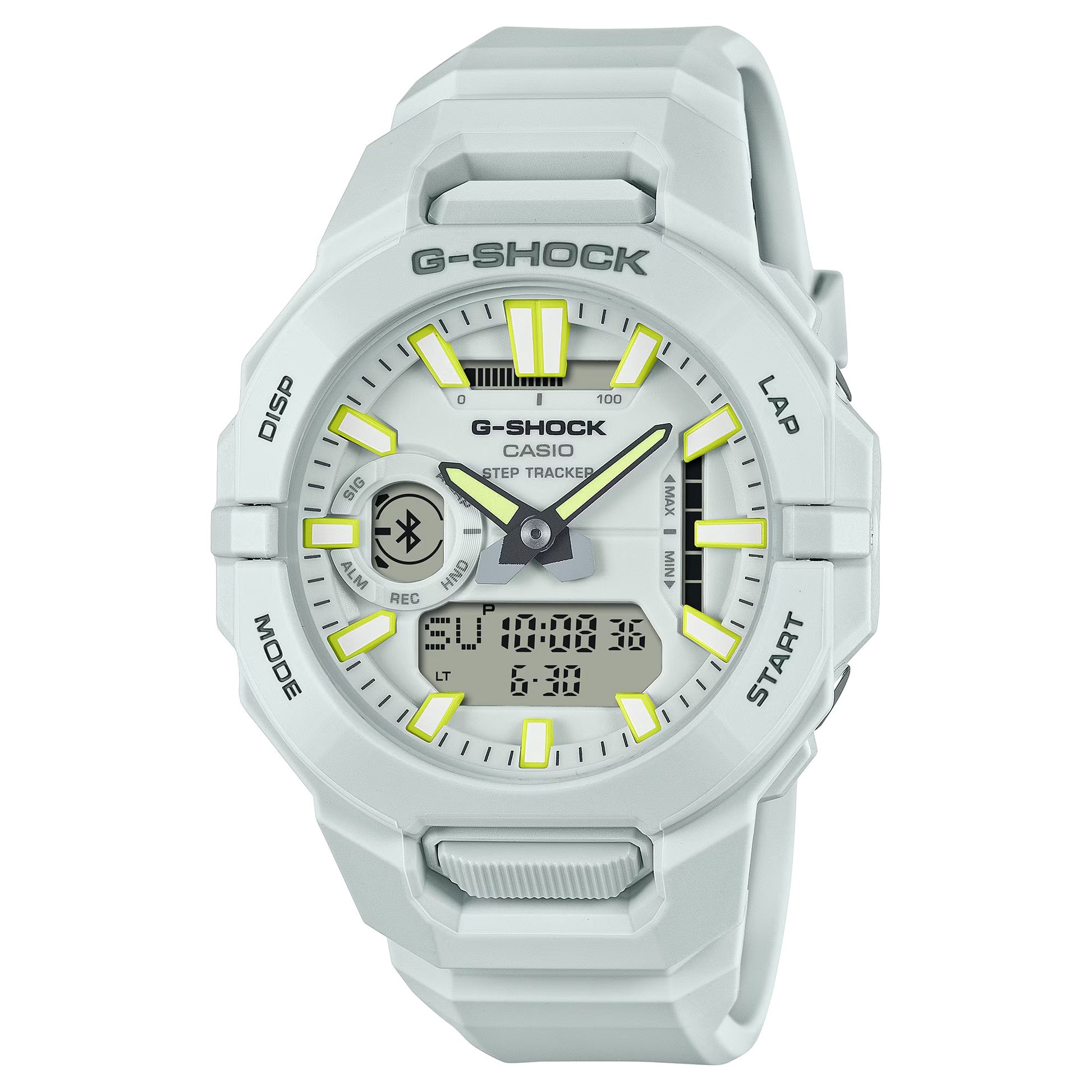 Casio G-SHOCK GBA950-7A MOVE series – white bio-based resin case and origami-engineered band, carbon-reinforced structure, Bluetooth® fitness tracking, dual time display, and 200m water resistance.