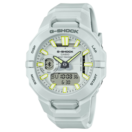 Casio G-SHOCK GBA950-7A MOVE series – white bio-based resin case and origami-engineered band, carbon-reinforced structure, Bluetooth® fitness tracking, dual time display, and 200m water resistance.