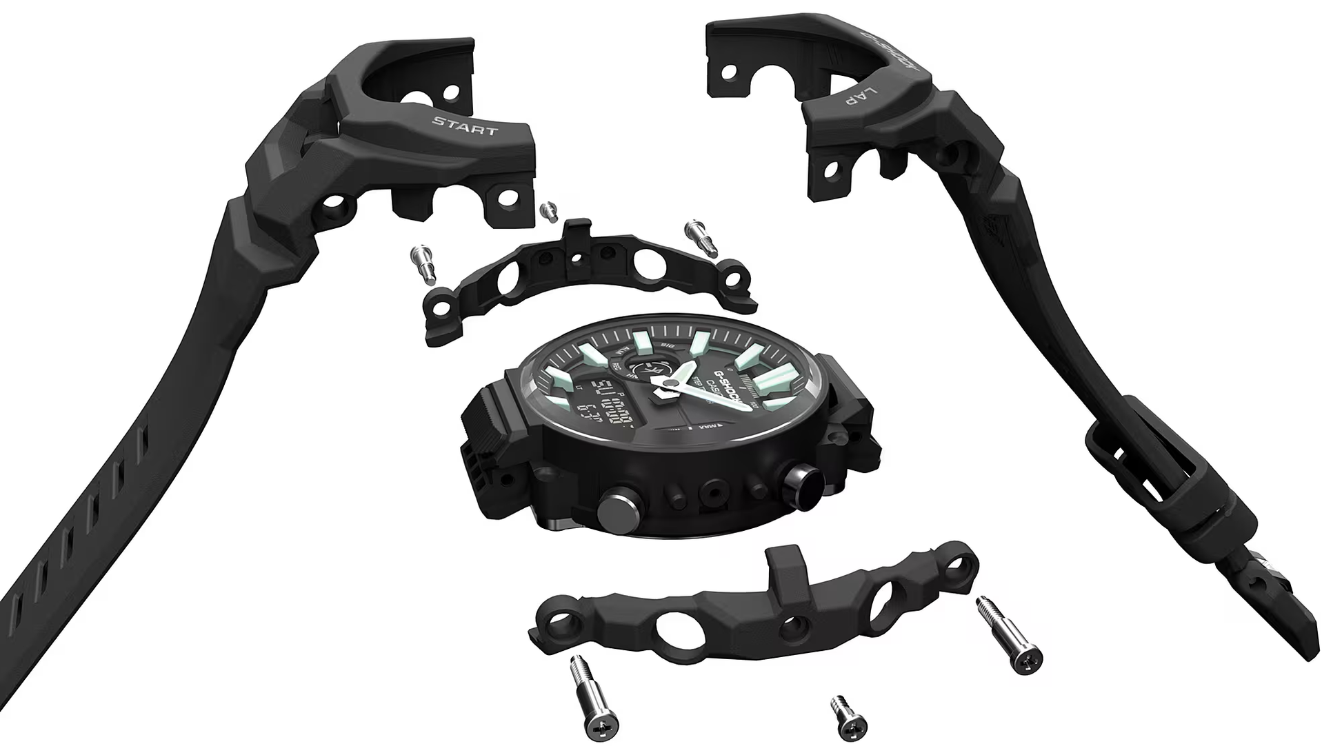 Black mechanical components on a white background
