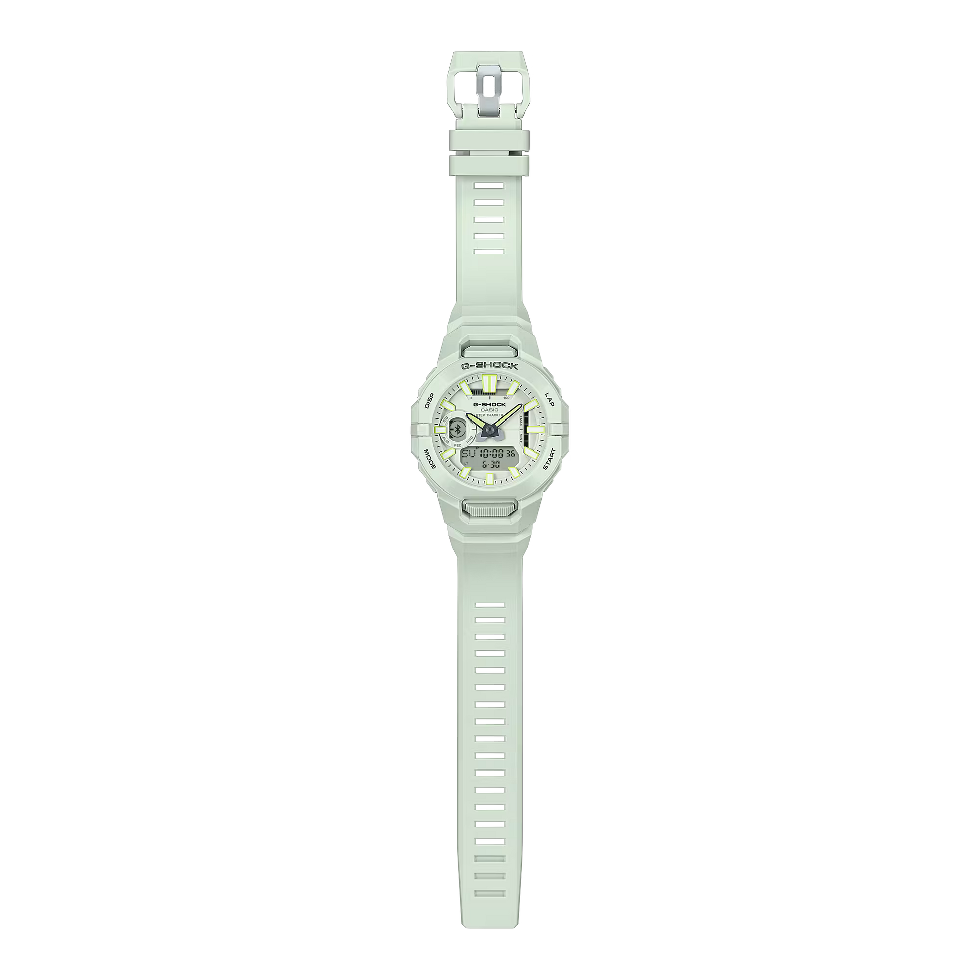 Light green watch with a white strap on a white background