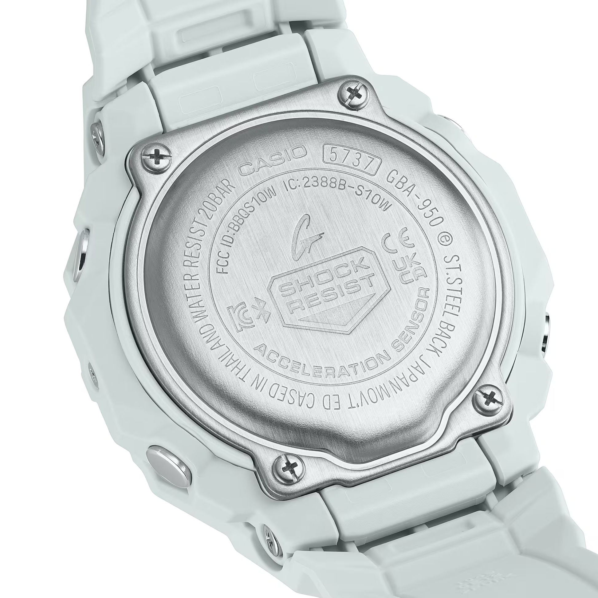 Close-up of a Casio watch with branding and model information on a white background