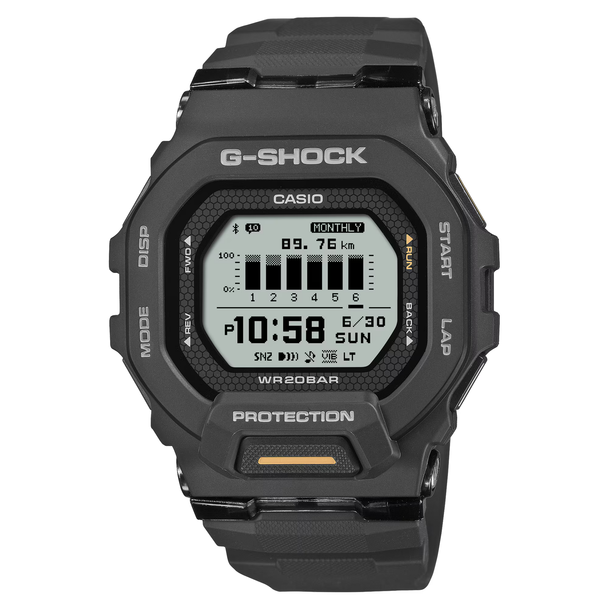 G-SHOCK GBD200-1A1 sports watch featuring a high-visibility MIP display, black resin case and band, Bluetooth connectivity, fitness tracking functions (distance, pace, laps), 200-meter water resistance, LED Super Illuminator, and shock-resistant design.