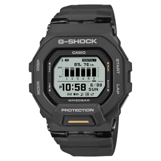 G-SHOCK GBD200-1A1 sports watch featuring a high-visibility MIP display, black resin case and band, Bluetooth connectivity, fitness tracking functions (distance, pace, laps), 200-meter water resistance, LED Super Illuminator, and shock-resistant design.