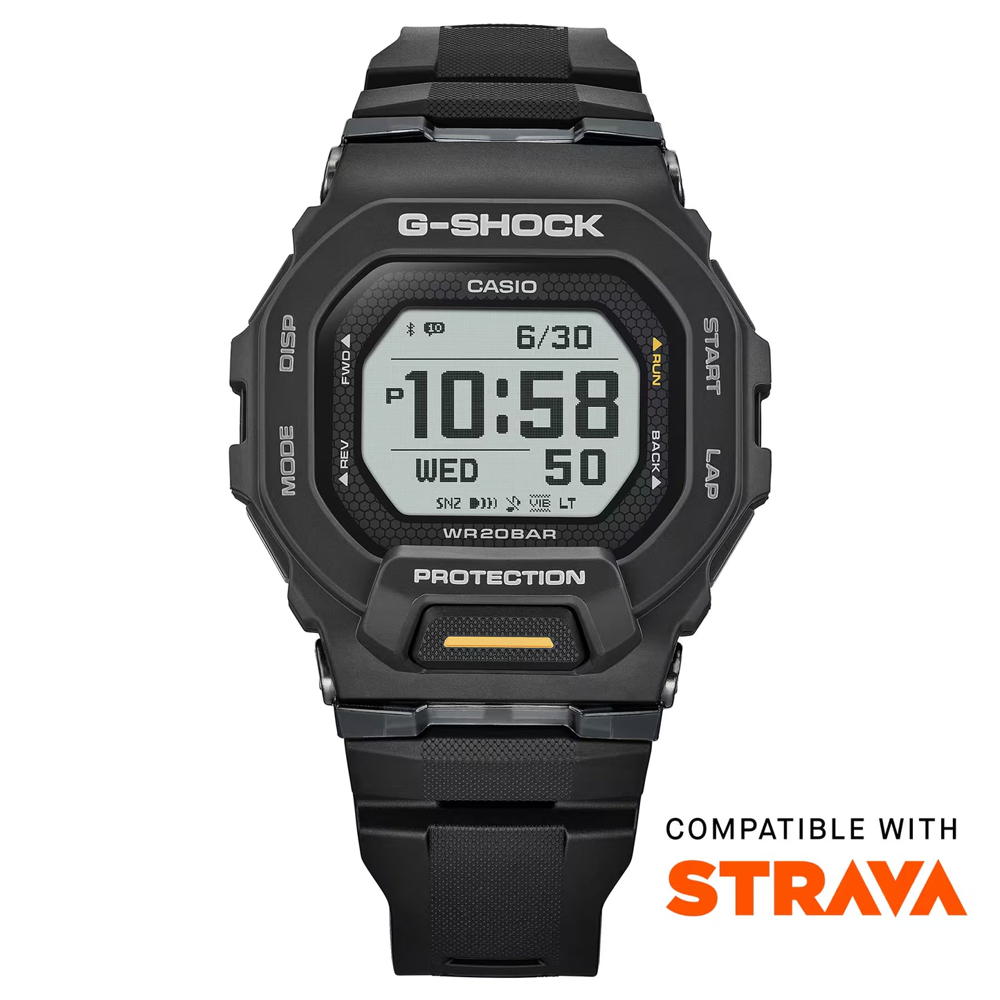 Black Casio G-Shock digital watch on a white background with Strava compatibility text.