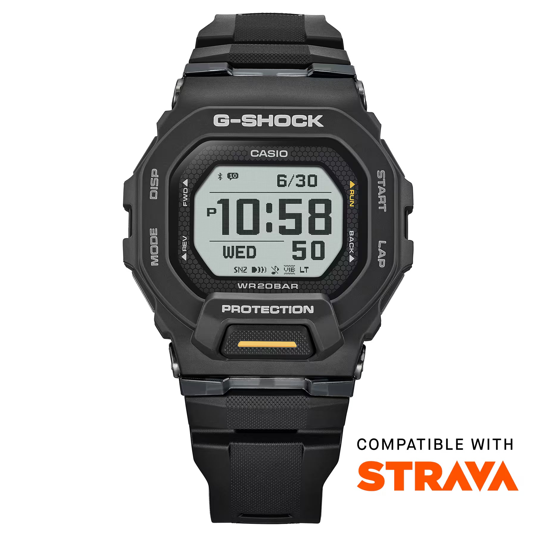 Black Casio G-Shock digital watch on a white background with Strava compatibility text.