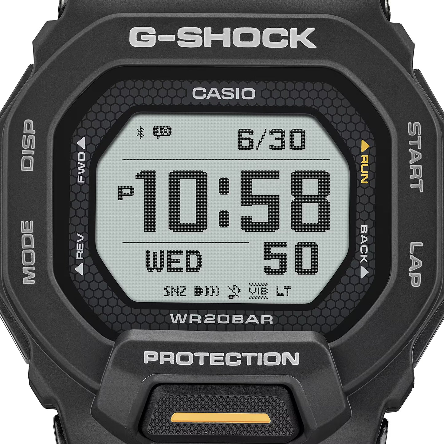 Casio G-Shock digital watch with black casing on a white background
