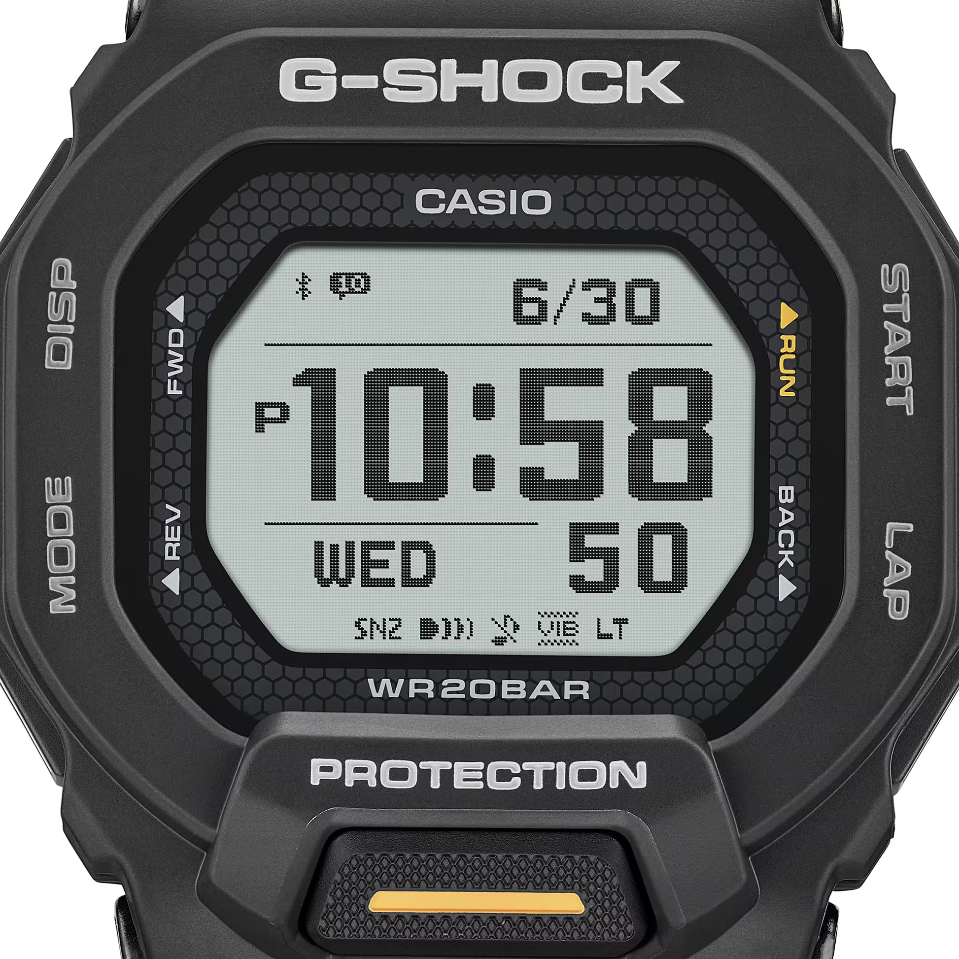 Casio G-Shock digital watch with black casing on a white background
