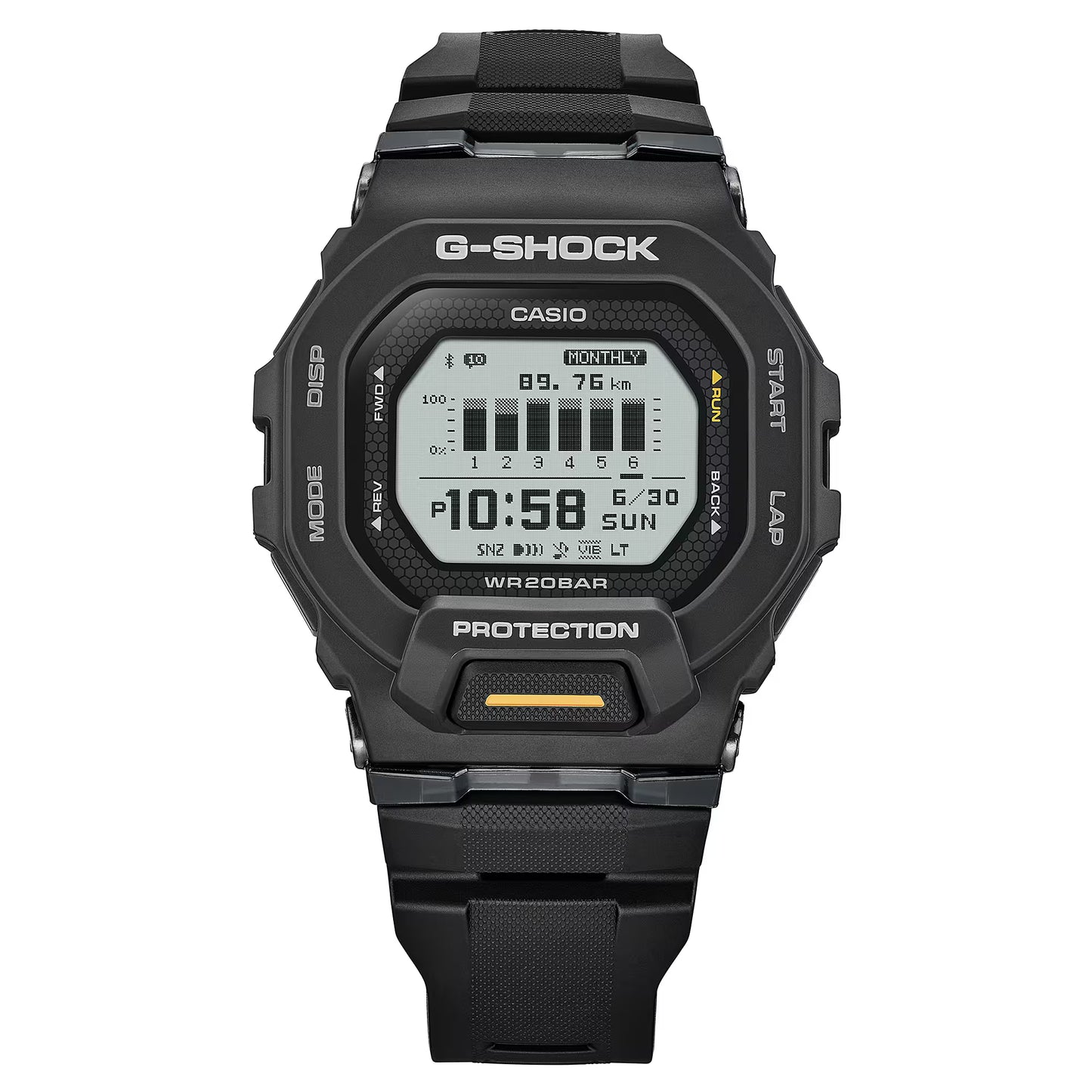 Black Casio G-Shock digital watch on a white background