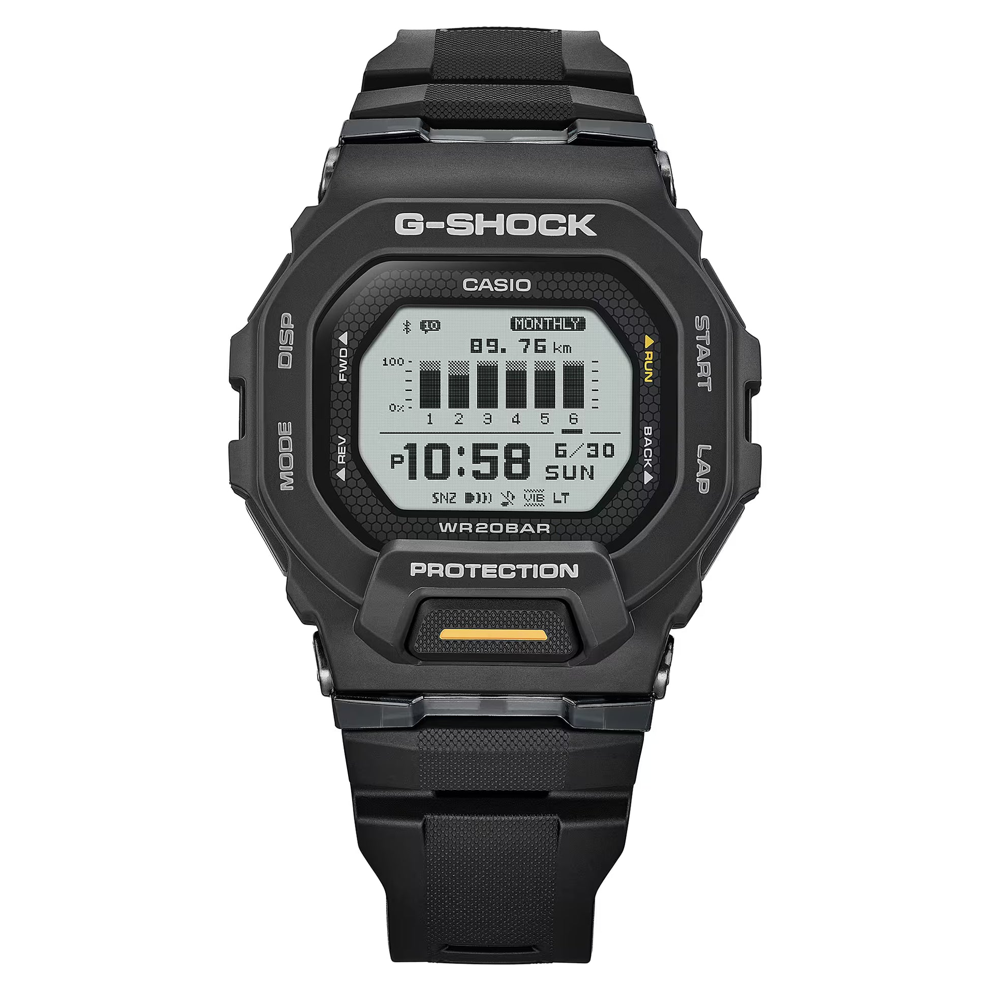 Black Casio G-Shock digital watch on a white background