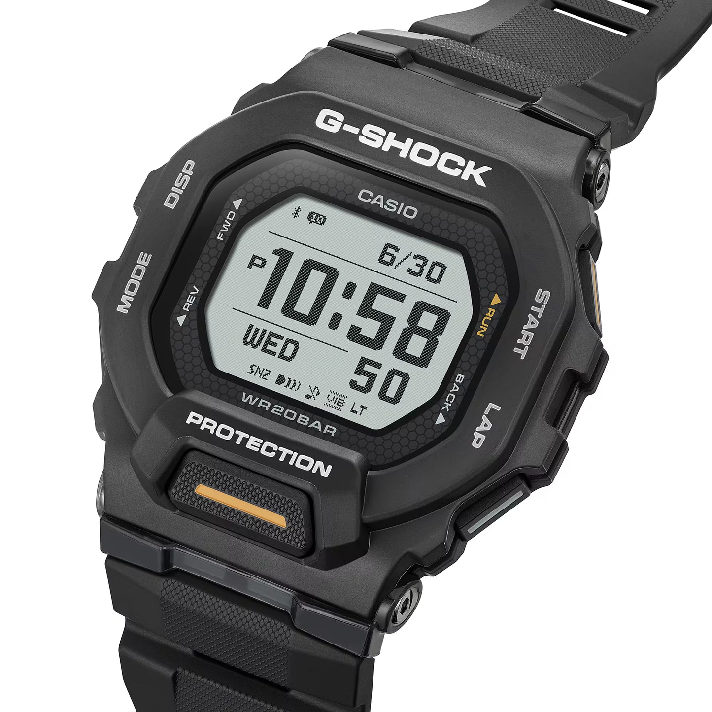 Black Casio G-Shock digital watch on a white background