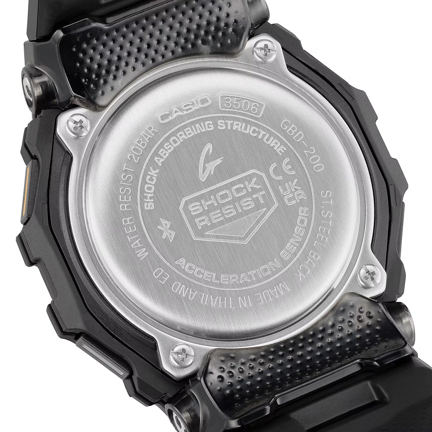 Back view of a Casio watch with branding and technical details.