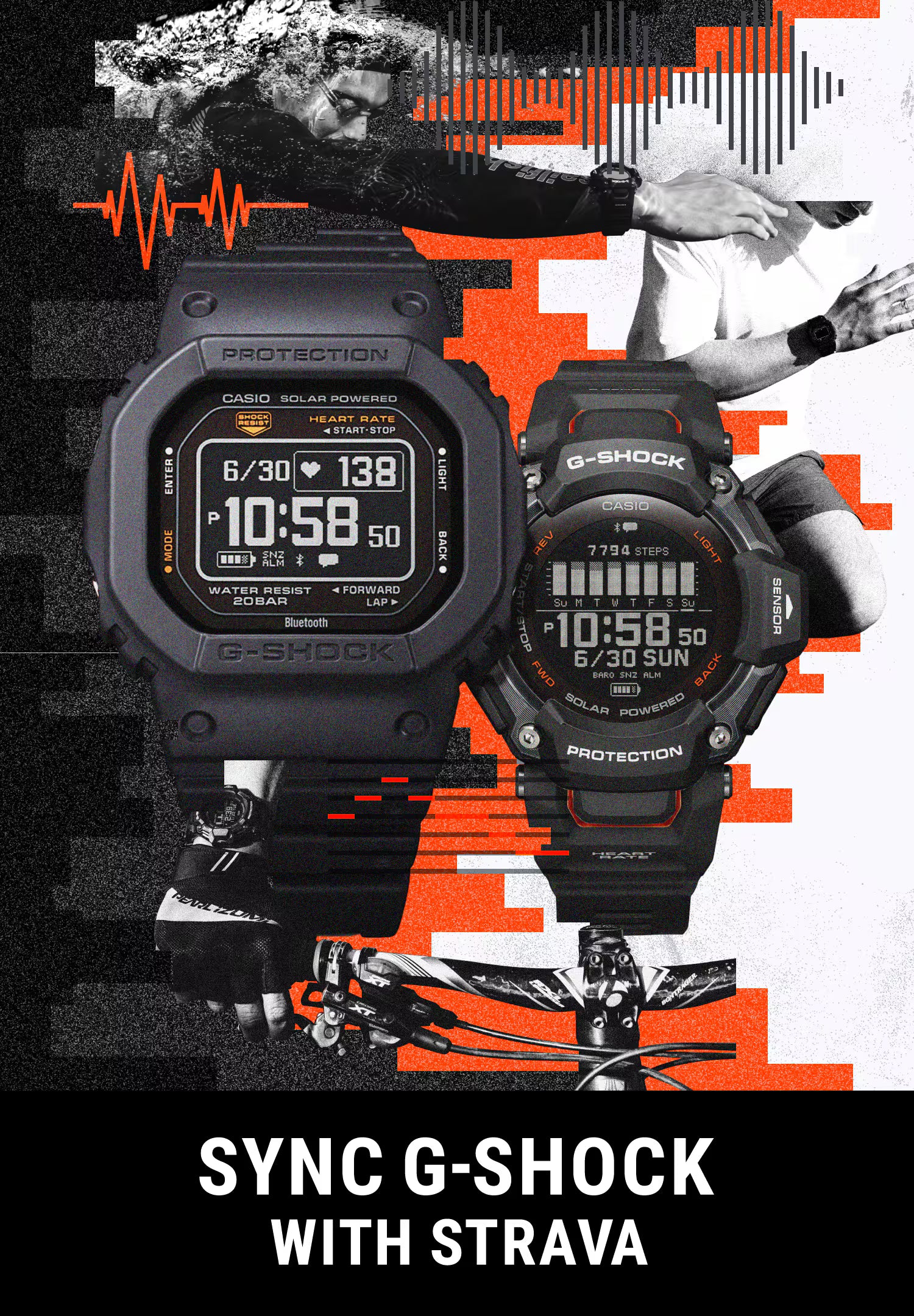 Two Casio G-Shock watches with a dynamic background featuring athletes and abstract elements.