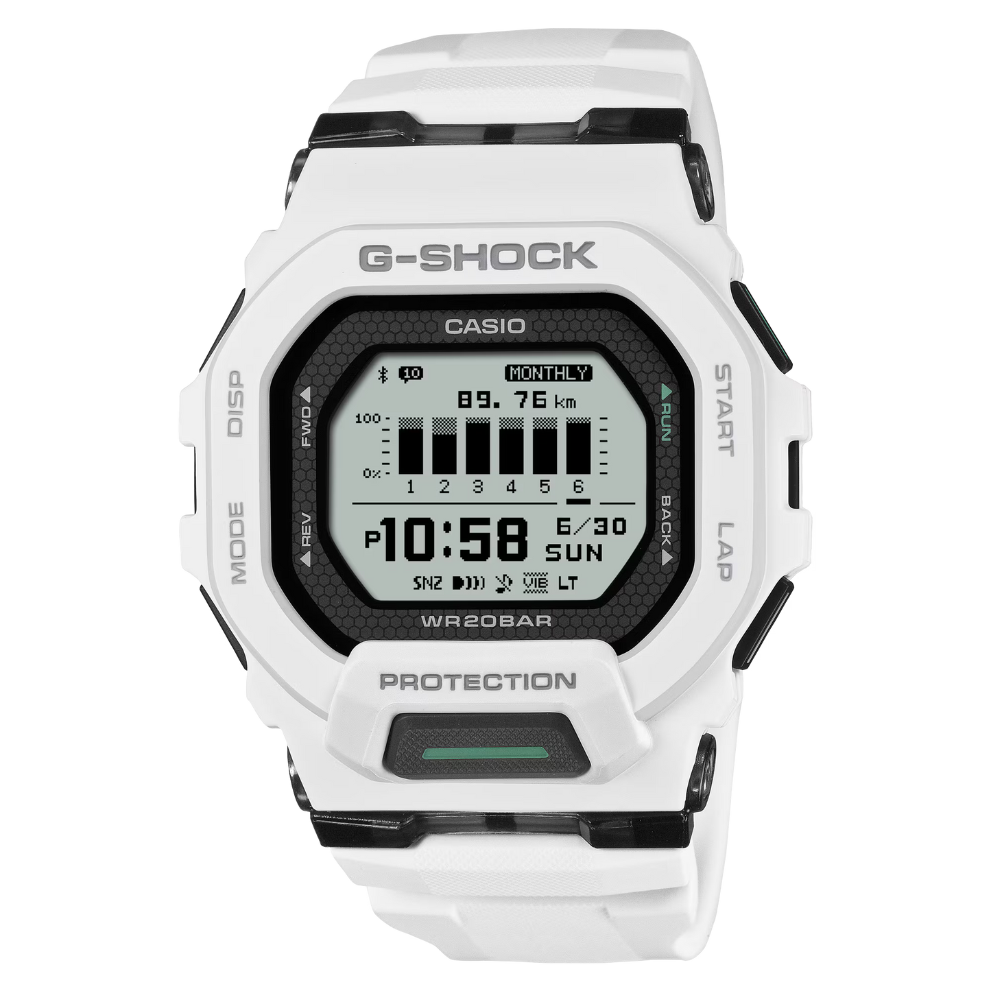 G-SHOCK GBD200-7 fitness watch in white with a high-visibility MIP display, Bluetooth smartphone link, distance and pace tracking, resin band, honeycomb-pattern glass, 200-meter water resistance, shock-resistant structure, and LED Super Illuminator.