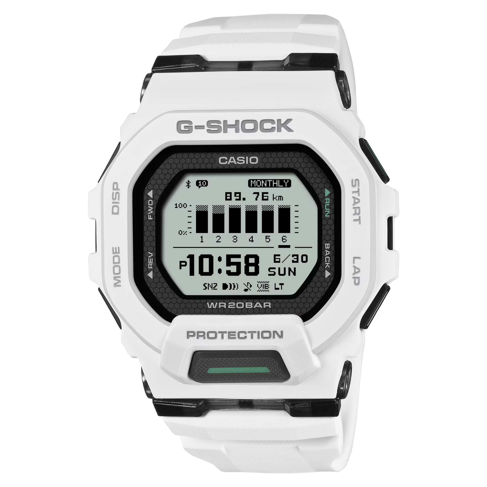 G-SHOCK GBD200-7 fitness watch in white with a high-visibility MIP display, Bluetooth smartphone link, distance and pace tracking, resin band, honeycomb-pattern glass, 200-meter water resistance, shock-resistant structure, and LED Super Illuminator.