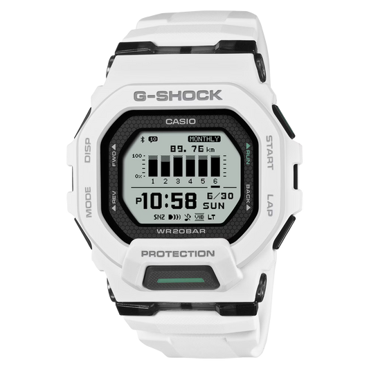 G-SHOCK GBD200-7 fitness watch in white with a high-visibility MIP display, Bluetooth smartphone link, distance and pace tracking, resin band, honeycomb-pattern glass, 200-meter water resistance, shock-resistant structure, and LED Super Illuminator.