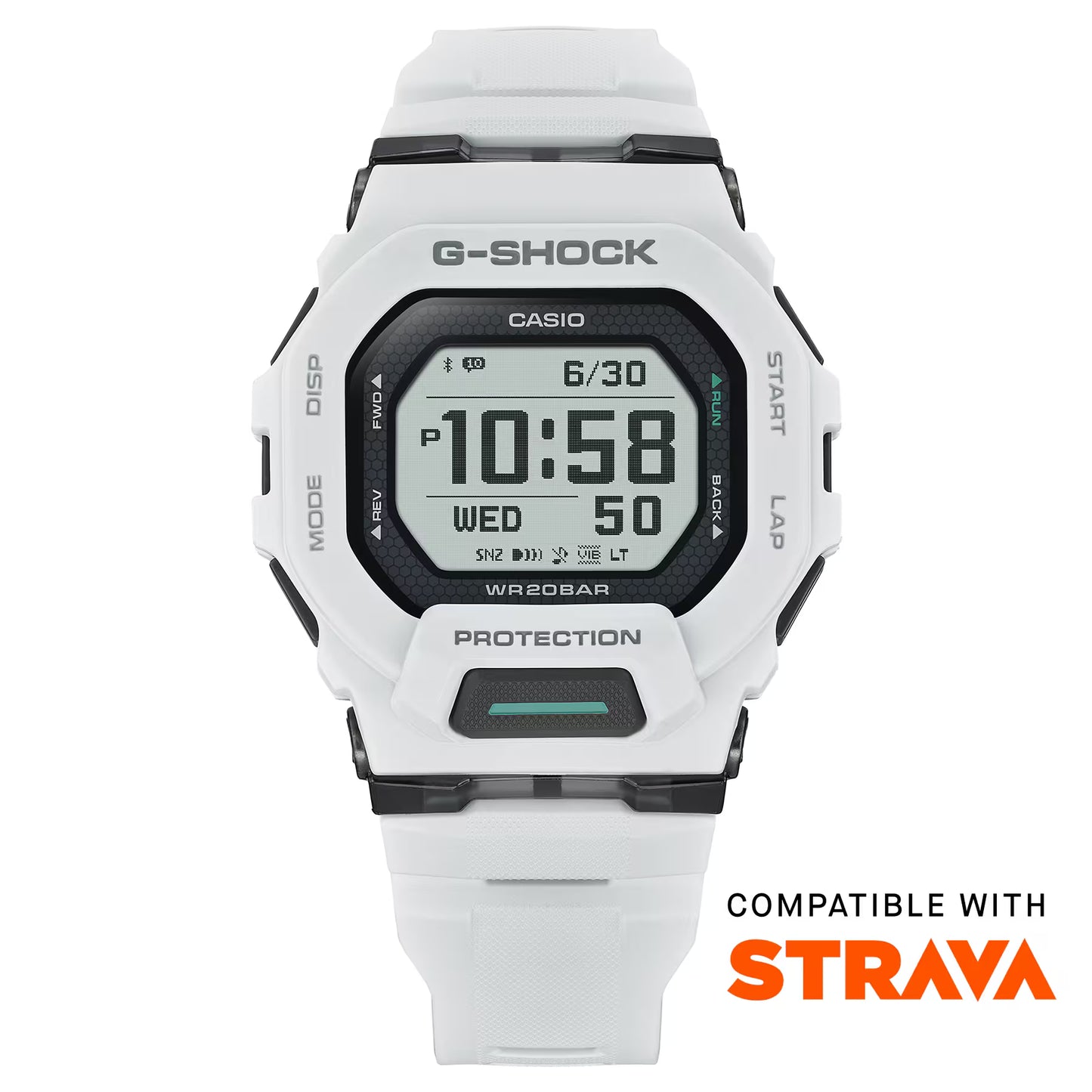 G-Shock digital watch with white strap on a white background, compatible with Strava.