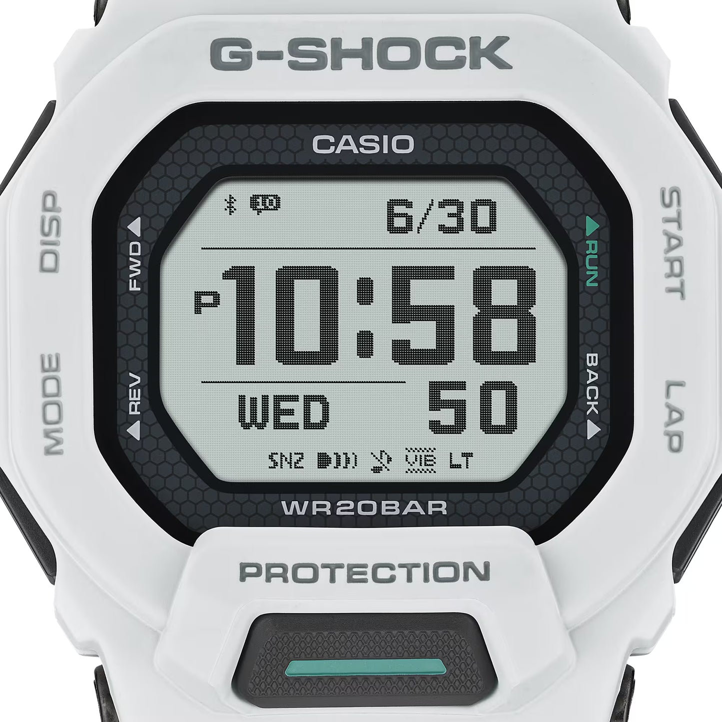 Casio G-Shock digital watch with white casing and black accents on a white background