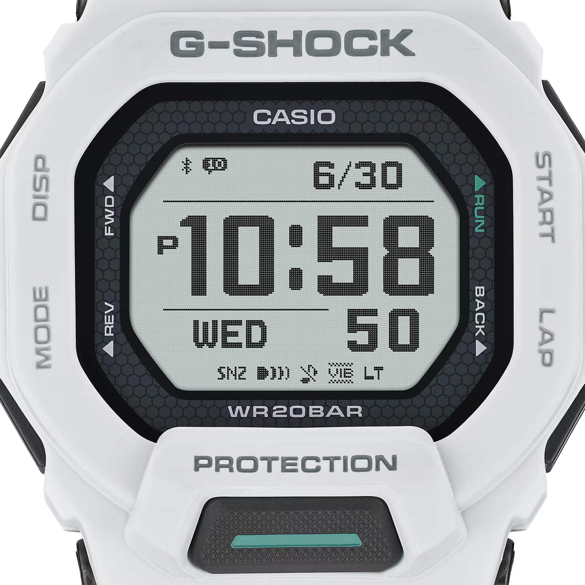 Casio G-Shock digital watch with white casing and black accents on a white background