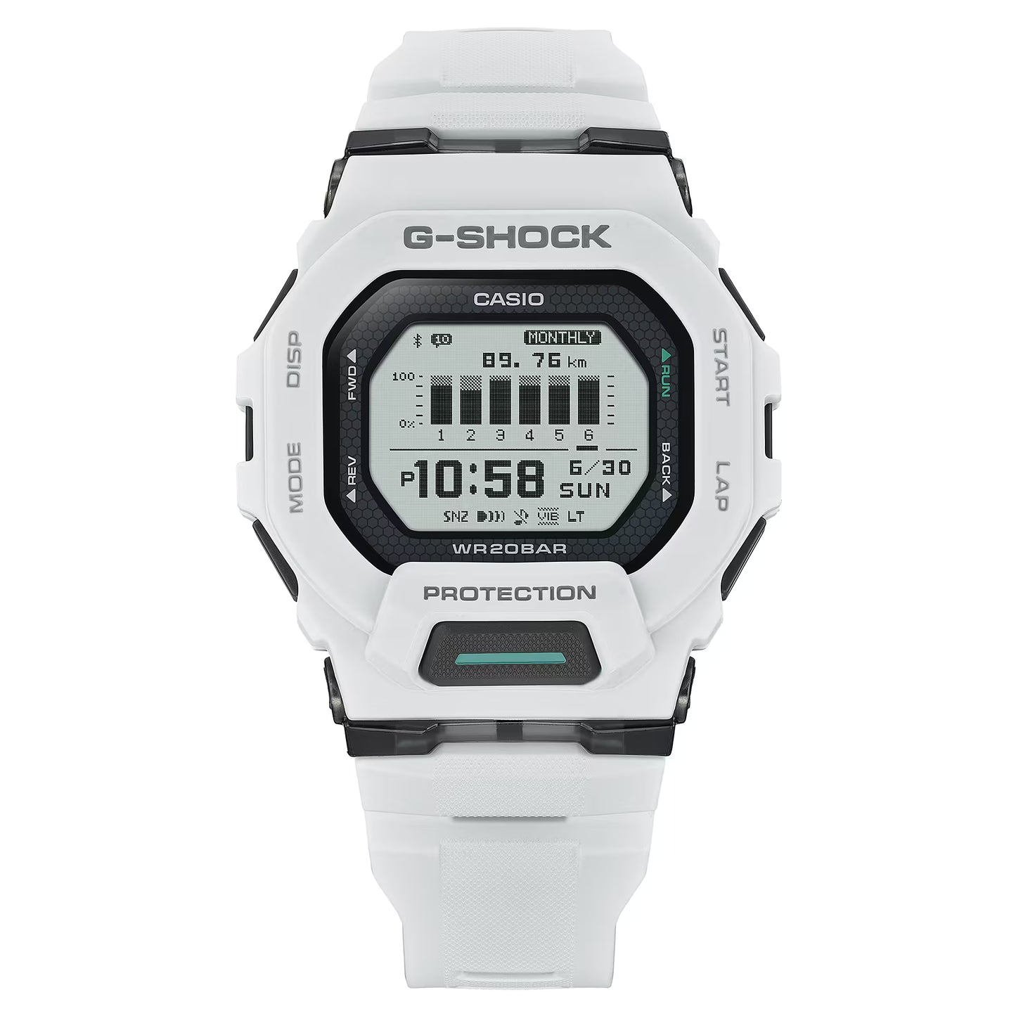 G-Shock digital watch with white strap on a white background