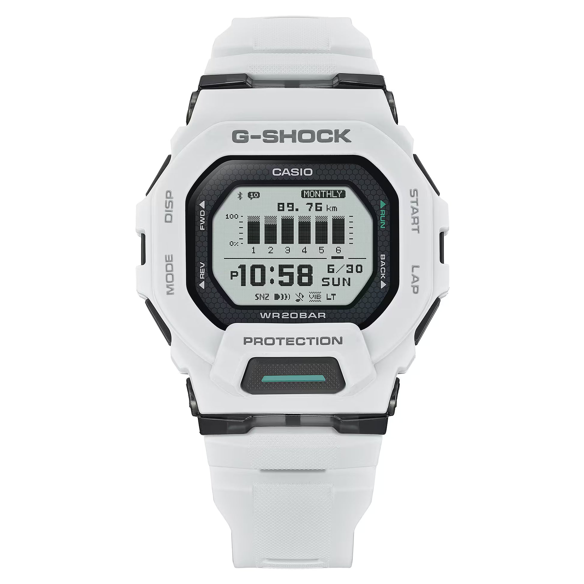 G-Shock digital watch with white strap on a white background