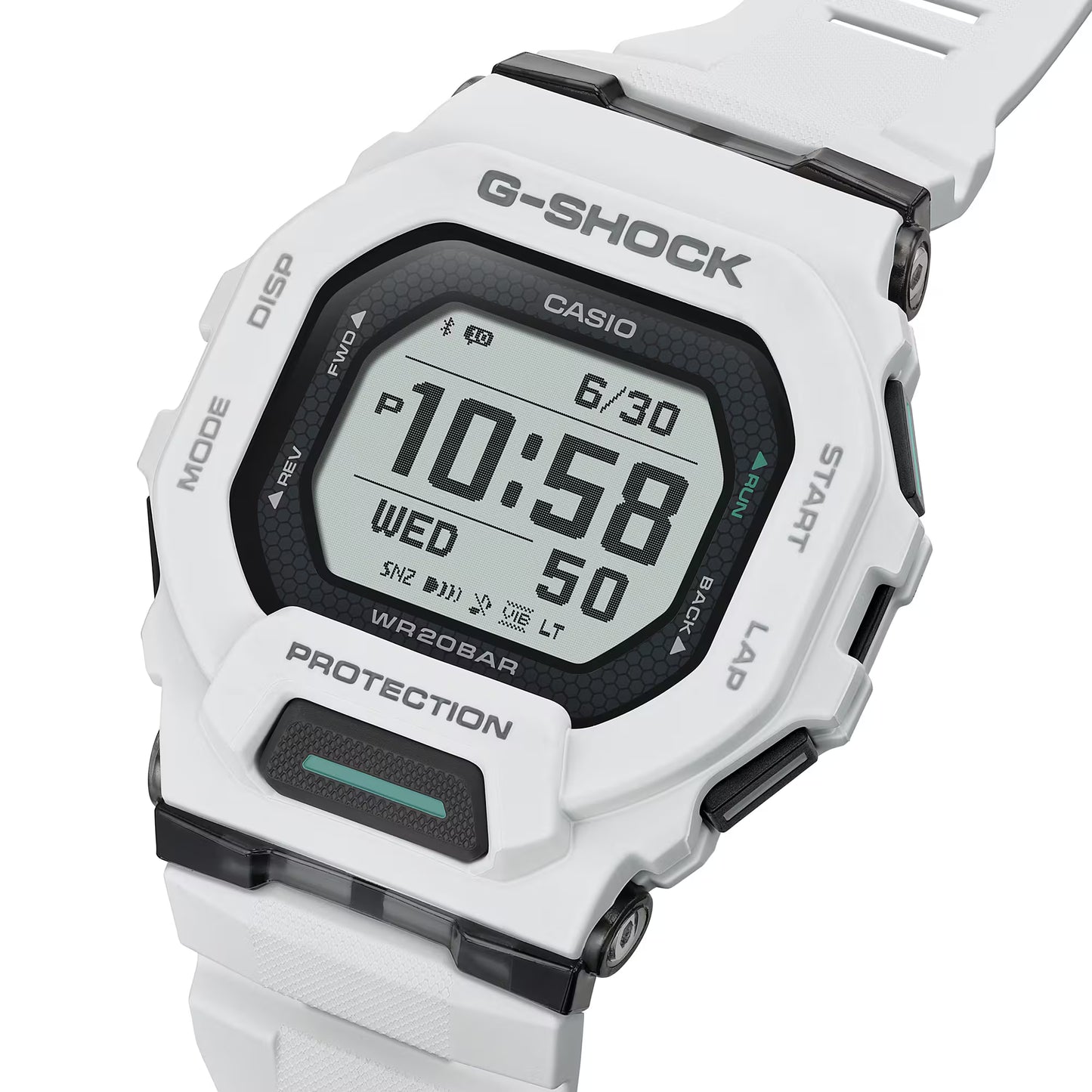 White Casio G-Shock digital watch on a white background