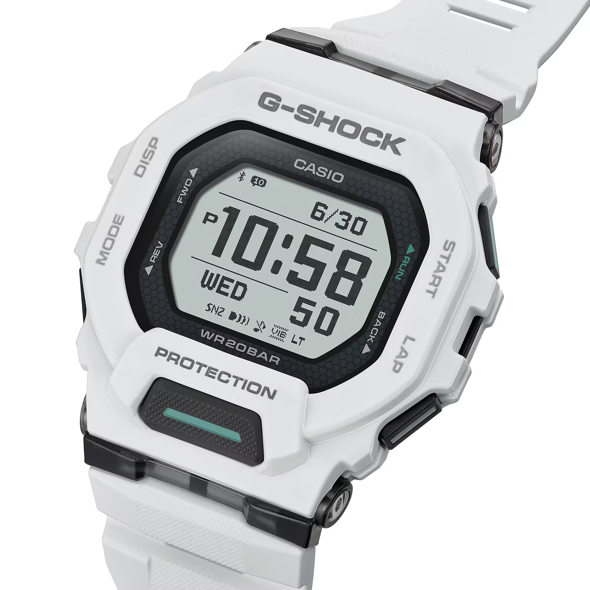 White Casio G-Shock digital watch on a white background